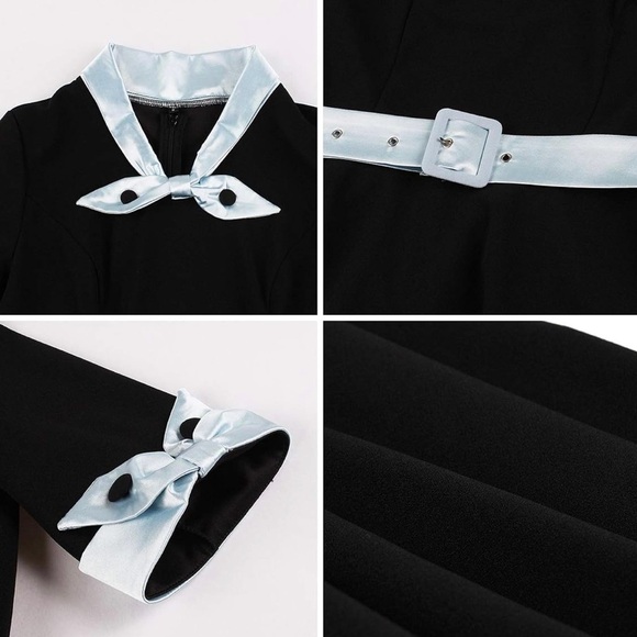 NWOT Elegant Black Dress with Blue Accents 50’s Style size L - Picture 9 of 12